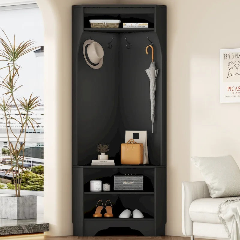 Vestiaire d'angle avec banc à chaussures – Portemanteau d'entrée multifonctionnel avec 4 patères et étagère réglable, 75 L x 182 H cm