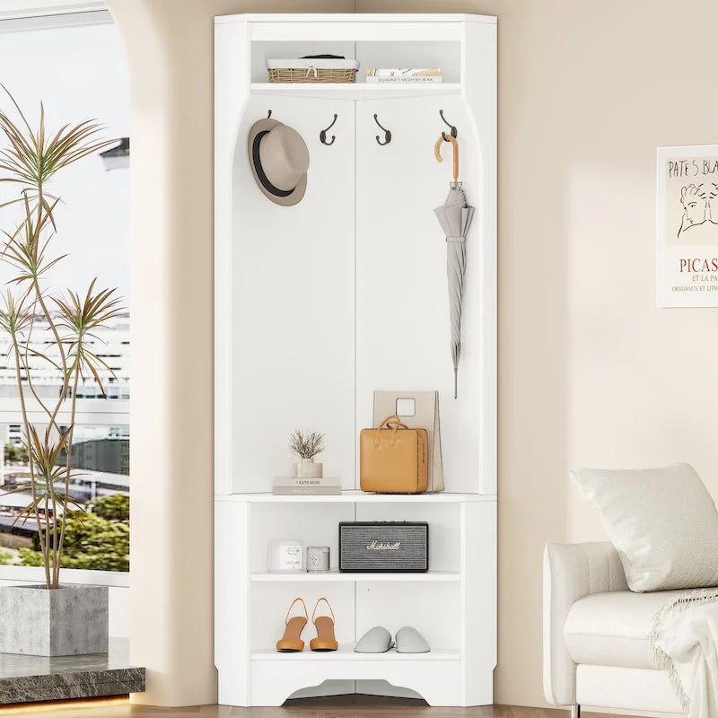 Vestiaire d'angle avec banc à chaussures – Portemanteau d'entrée multifonctionnel avec 4 patères et étagère réglable, 75 L x 182 H cm