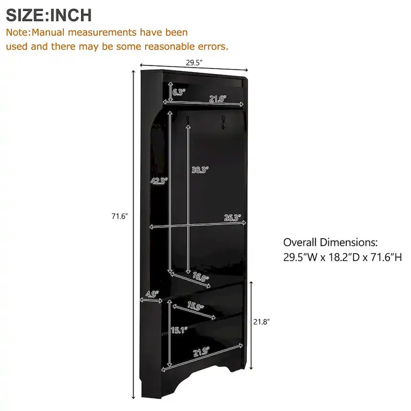 Vestiaire d'angle avec banc à chaussures – Portemanteau d'entrée multifonctionnel avec 4 patères et étagère réglable, 75 L x 182 H cm