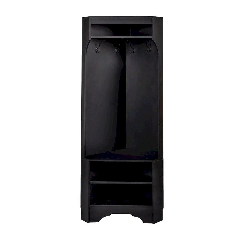 Vestiaire d'angle avec banc à chaussures – Portemanteau d'entrée multifonctionnel avec 4 patères et étagère réglable, 75 L x 182 H cm