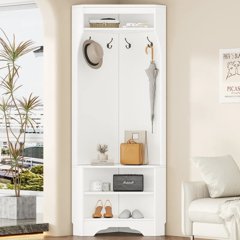 Vestiaire d'angle avec banc à chaussures – Portemanteau d'entrée multifonctionnel avec 4 patères et étagère réglable, 75 L x 182 H cm