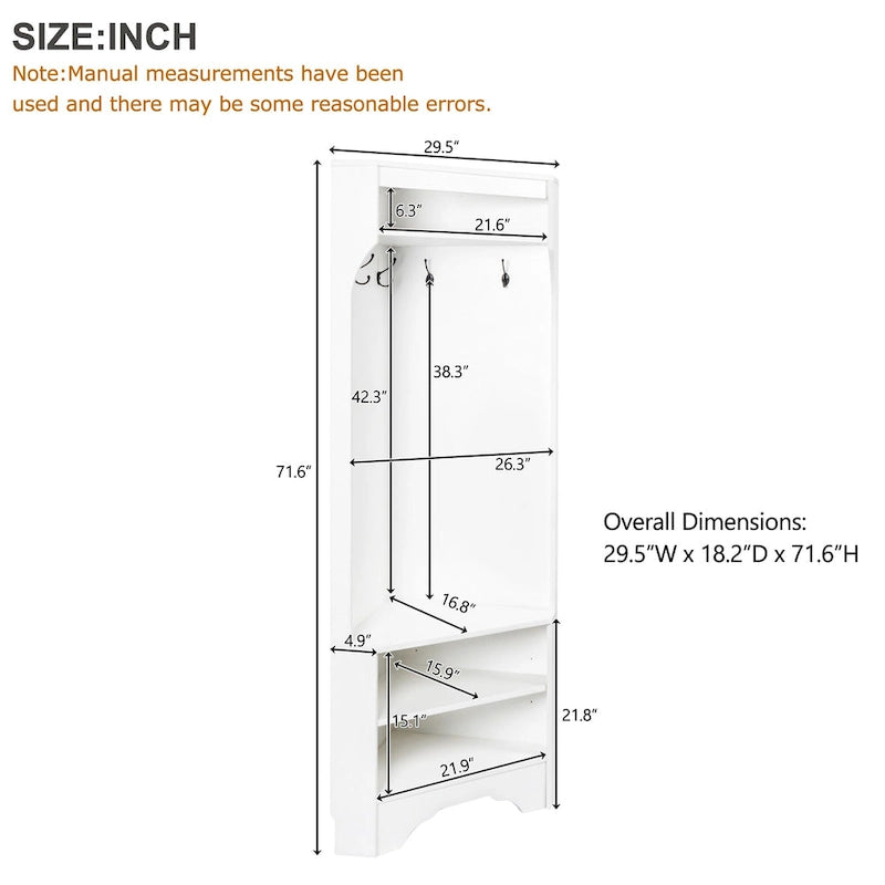 Vestiaire d'angle avec banc à chaussures – Portemanteau d'entrée multifonctionnel avec 4 patères et étagère réglable, 75 L x 182 H cm