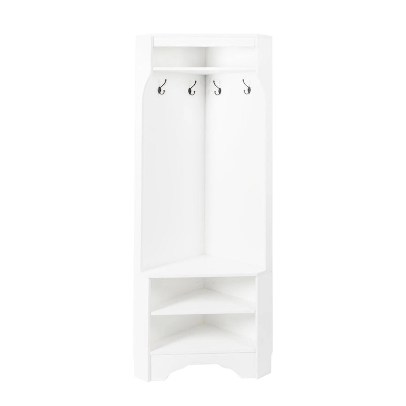 Vestiaire d'angle avec banc à chaussures – Portemanteau d'entrée multifonctionnel avec 4 patères et étagère réglable, 75 L x 182 H cm