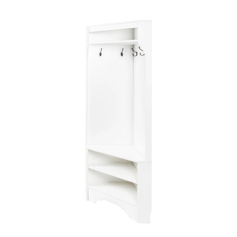 Vestiaire d'angle avec banc à chaussures – Portemanteau d'entrée multifonctionnel avec 4 patères et étagère réglable, 75 L x 182 H cm