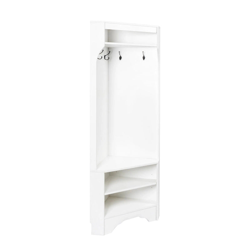 Vestiaire d'angle avec banc à chaussures – Portemanteau d'entrée multifonctionnel avec 4 patères et étagère réglable, 75 L x 182 H cm