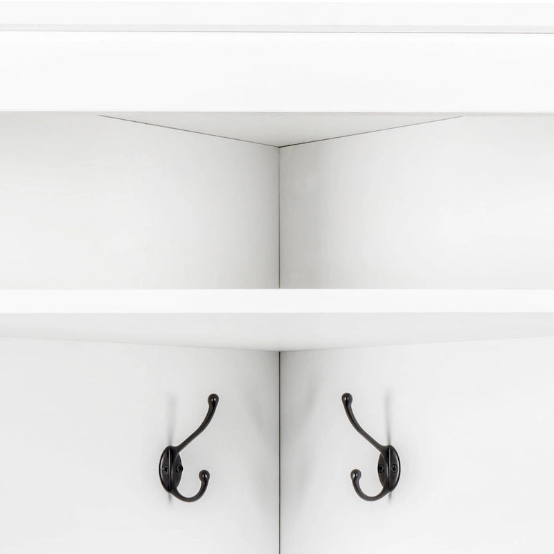 Vestiaire d'angle avec banc à chaussures – Portemanteau d'entrée multifonctionnel avec 4 patères et étagère réglable, 75 L x 182 H cm