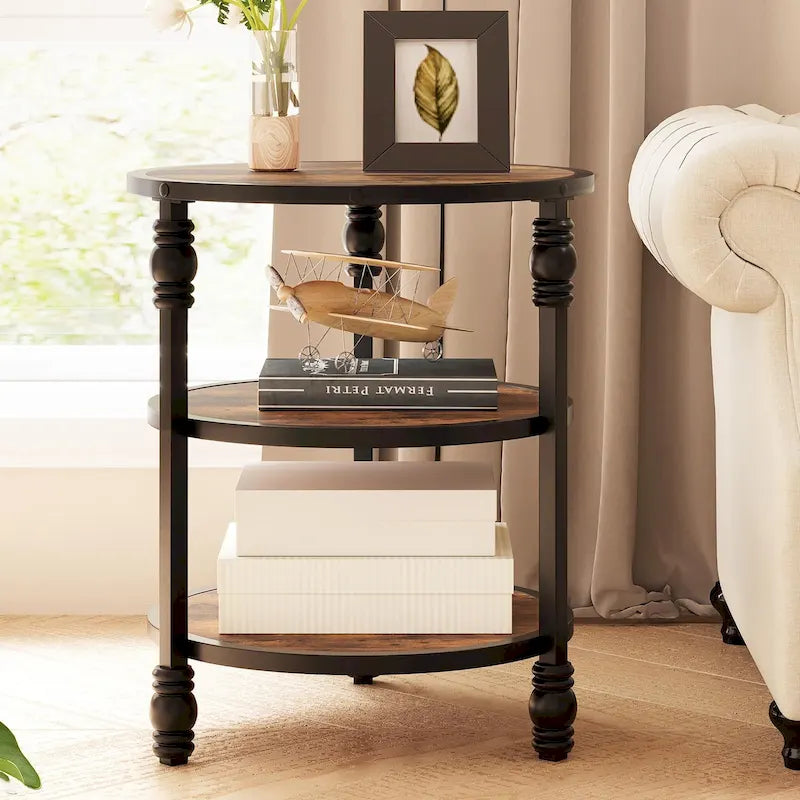 Table d'appoint ronde à 3 niveaux pour salon avec étagère de rangement