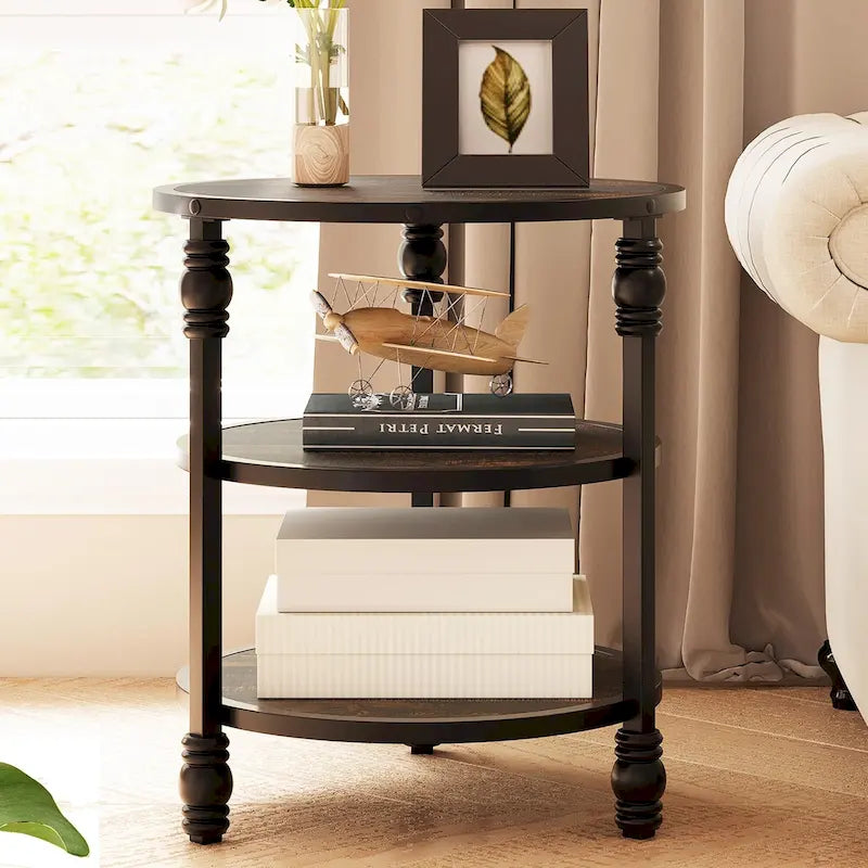 Table d'appoint ronde à 3 niveaux pour salon avec étagère de rangement