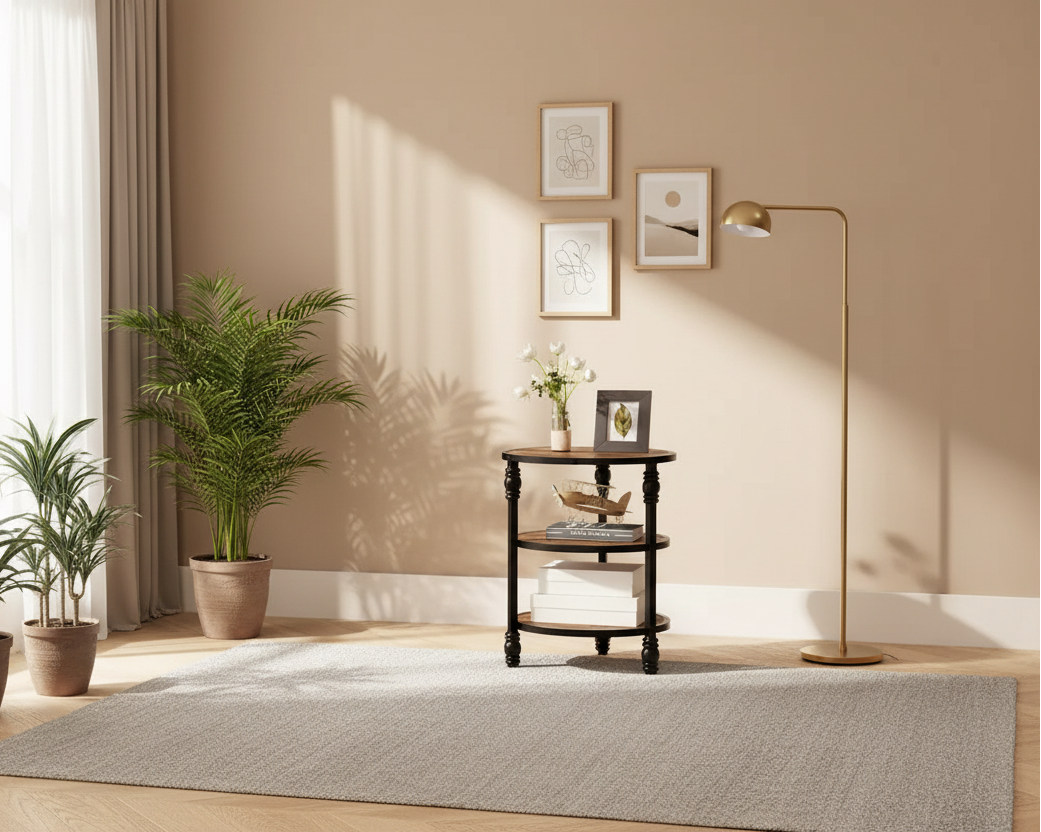 End Table 3-Tier Round Side Table Living Room Accent Table with Storage Shelf
