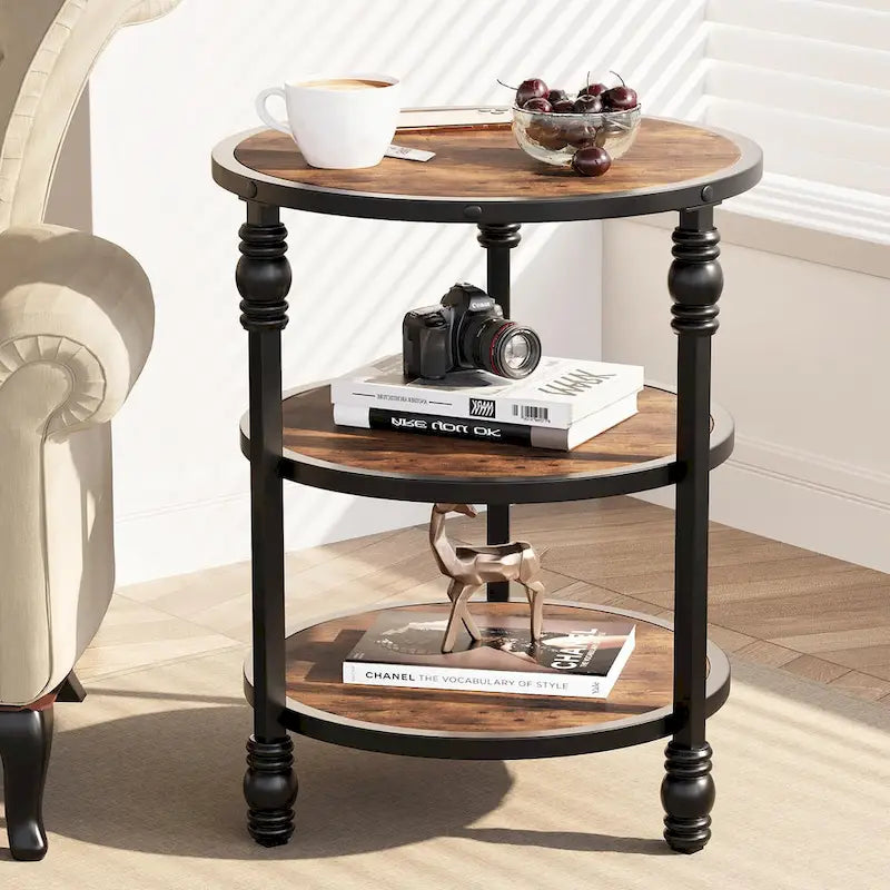 Table d'appoint ronde à 3 niveaux pour salon avec étagère de rangement