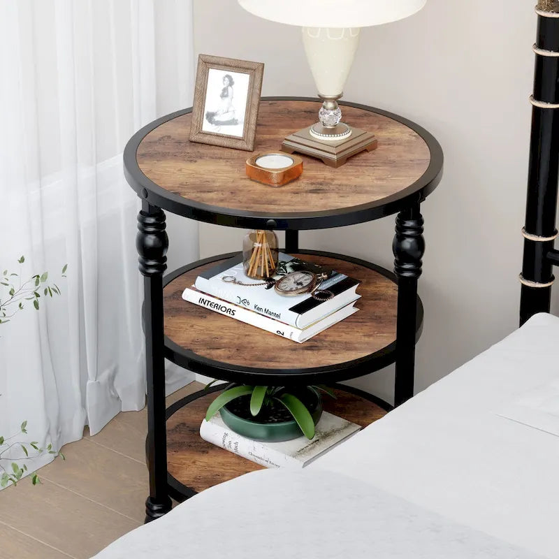 Table d'appoint ronde à 3 niveaux pour salon avec étagère de rangement