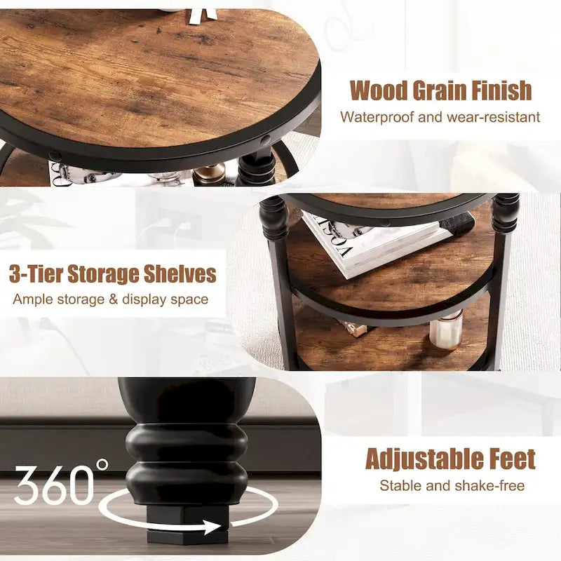 Table d'appoint ronde à 3 niveaux pour salon avec étagère de rangement