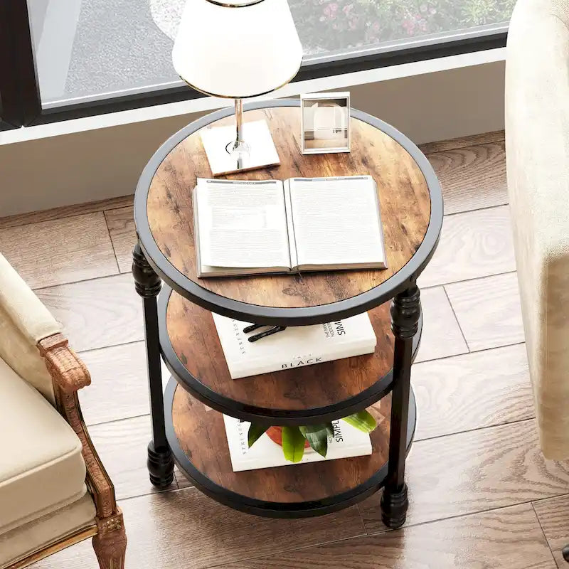 Table d'appoint ronde à 3 niveaux pour salon avec étagère de rangement