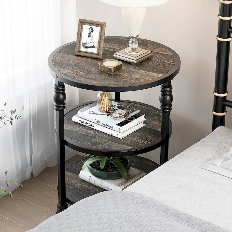 Table d'appoint ronde à 3 niveaux pour salon avec étagère de rangement