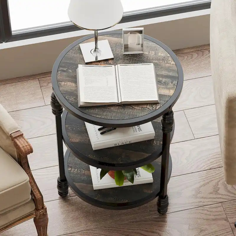 Table d'appoint ronde à 3 niveaux pour salon avec étagère de rangement