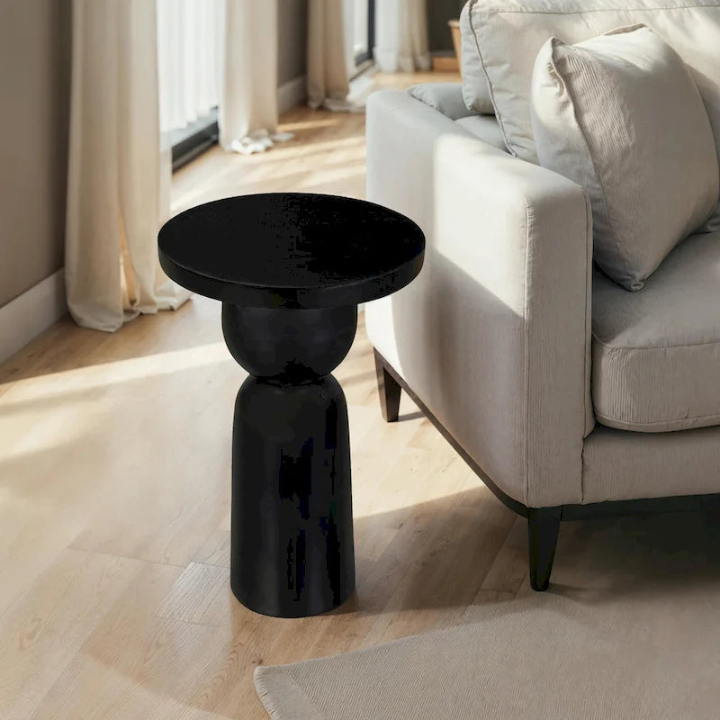 Table d'appoint ronde de 12 pouces avec pied tourné, bois de manguier au fini noir mat