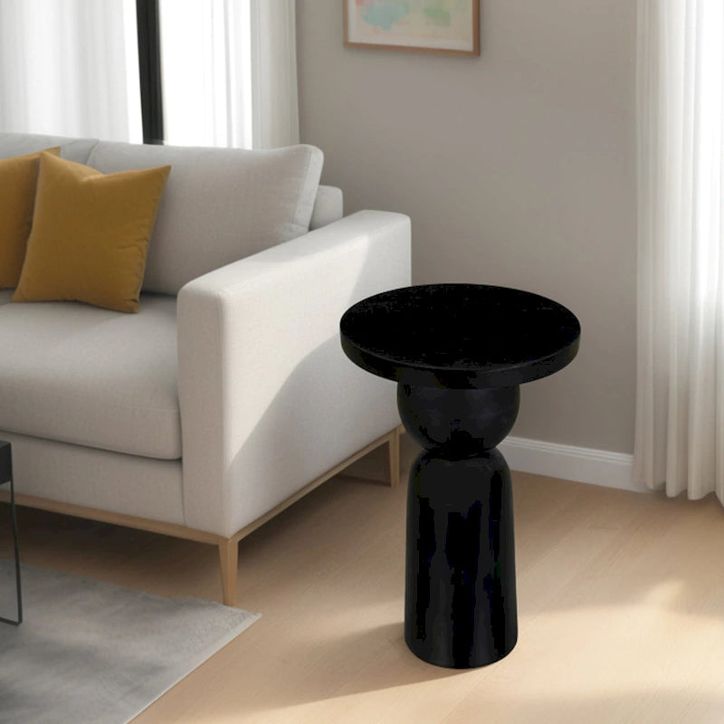 Table d'appoint ronde de 12 pouces avec pied tourné, bois de manguier au fini noir mat