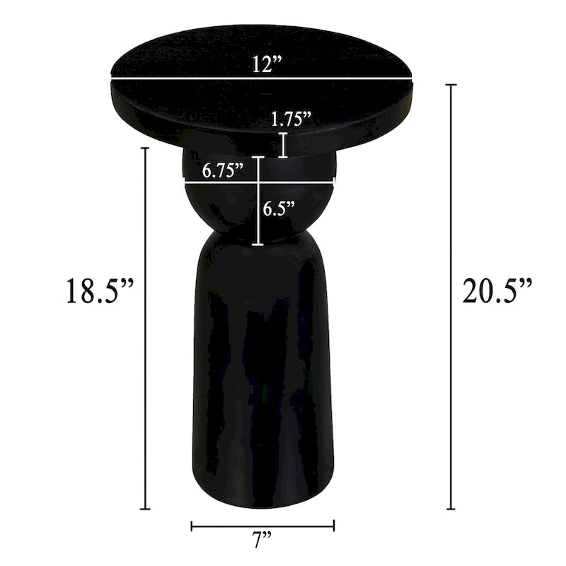 Table d'appoint ronde de 12 pouces avec pied tourné, bois de manguier au fini noir mat