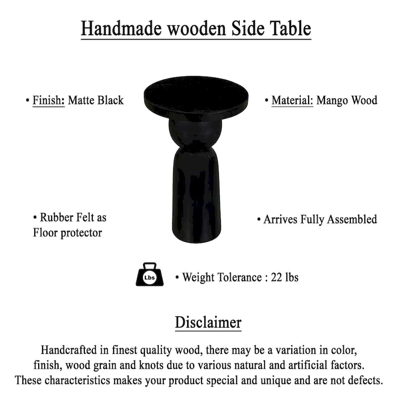Table d'appoint ronde de 12 pouces avec pied tourné, bois de manguier au fini noir mat
