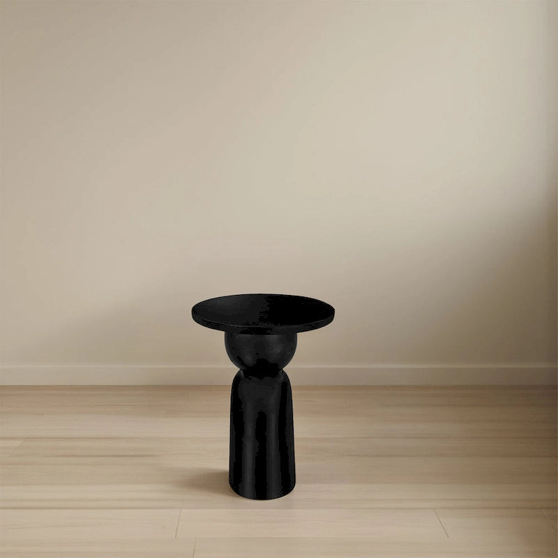 Table d'appoint ronde de 12 pouces avec pied tourné, bois de manguier au fini noir mat