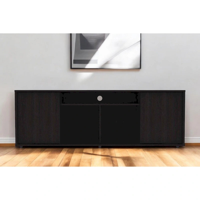 Meuble TV noir moderne pour téléviseurs 65 pouces avec placards et étagères ouvertes et finition en bois wengé - 51 H x 150 L x 38 P