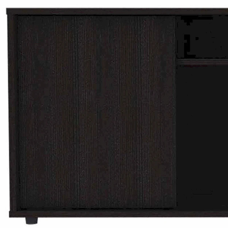 Meuble TV noir moderne pour téléviseurs 65 pouces avec placards et étagères ouvertes et finition en bois wengé - 51 H x 150 L x 38 P