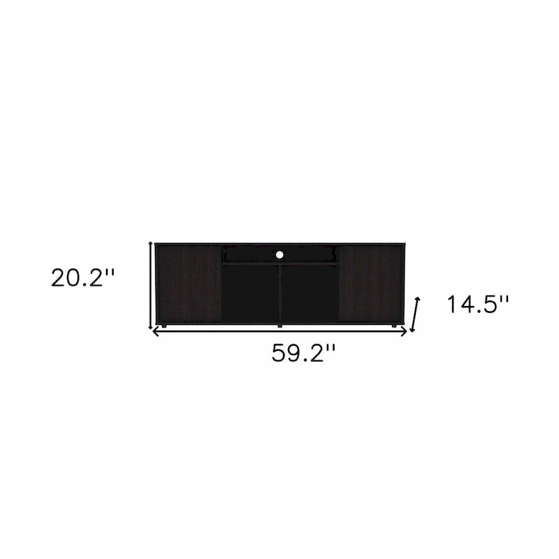 Meuble TV noir moderne pour téléviseurs 65 pouces avec placards et étagères ouvertes et finition en bois wengé - 51 H x 150 L x 38 P