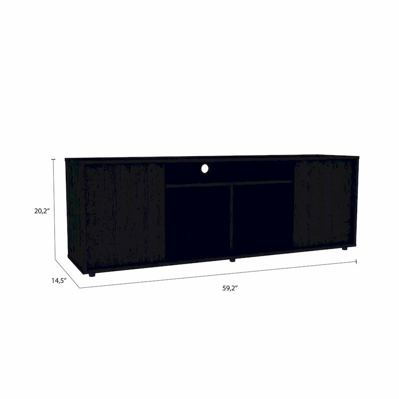 Meuble TV noir moderne pour téléviseurs 65 pouces avec placards et étagères ouvertes et finition en bois wengé - 51 H x 150 L x 38 P