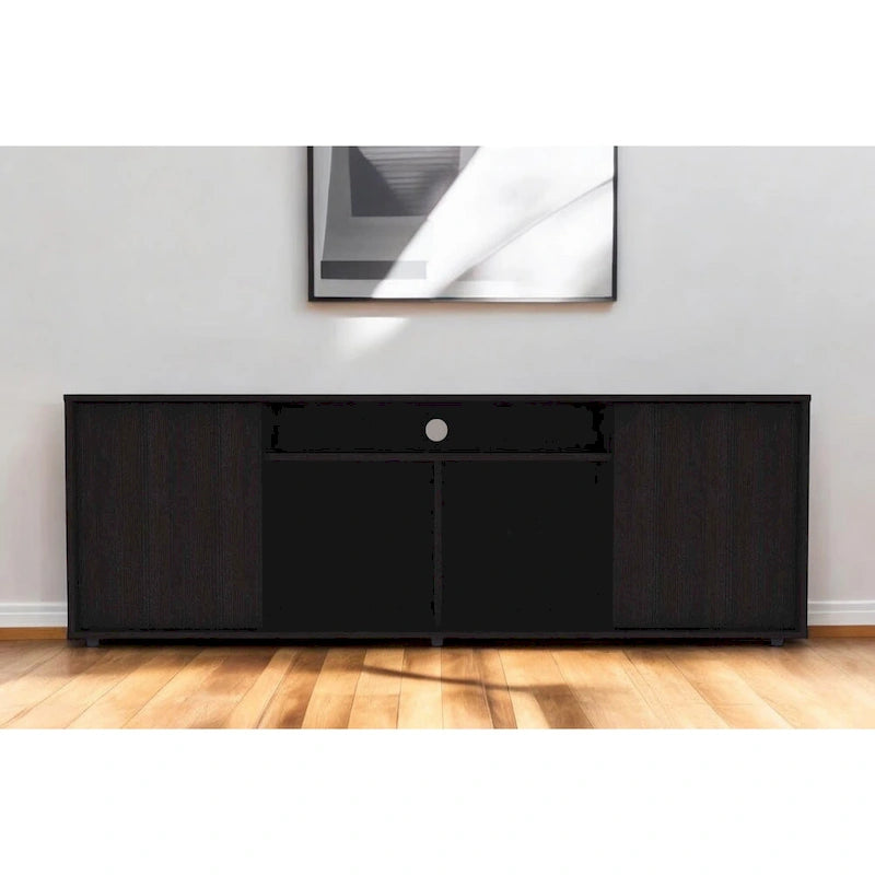 Meuble TV noir moderne pour téléviseurs 65 pouces avec placards et étagères ouvertes et finition en bois wengé - 51 H x 150 L x 38 P