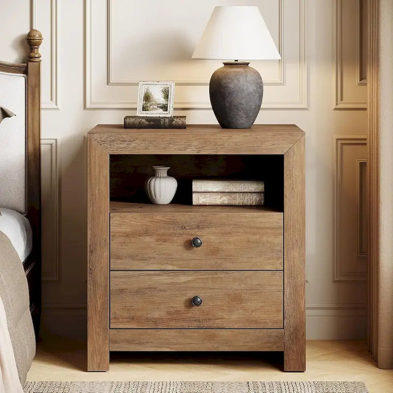 Table de chevet rustique avec 2 tiroirs de rangement