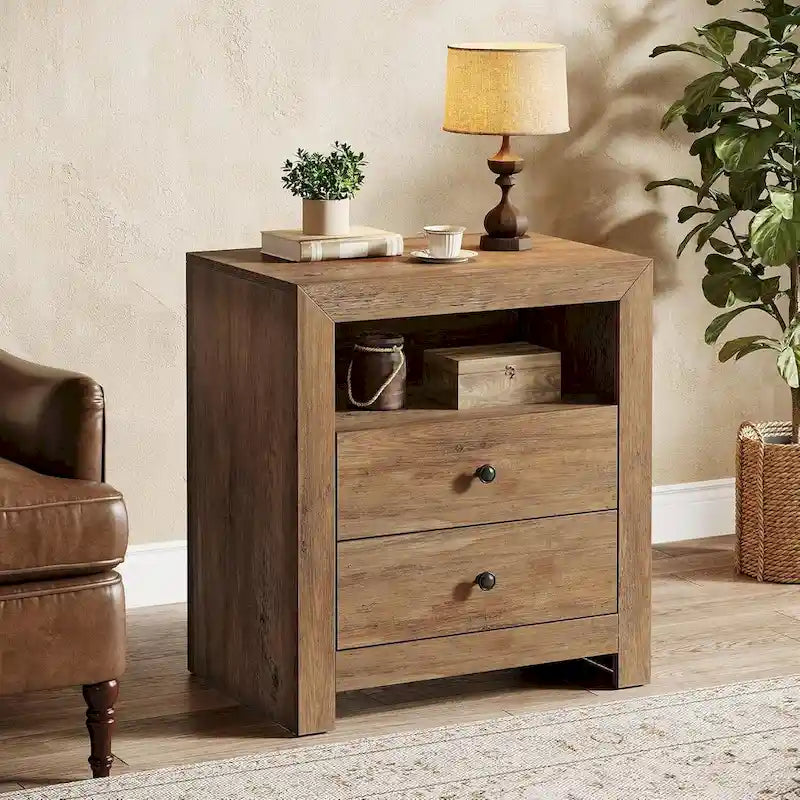 Table de chevet rustique avec 2 tiroirs de rangement