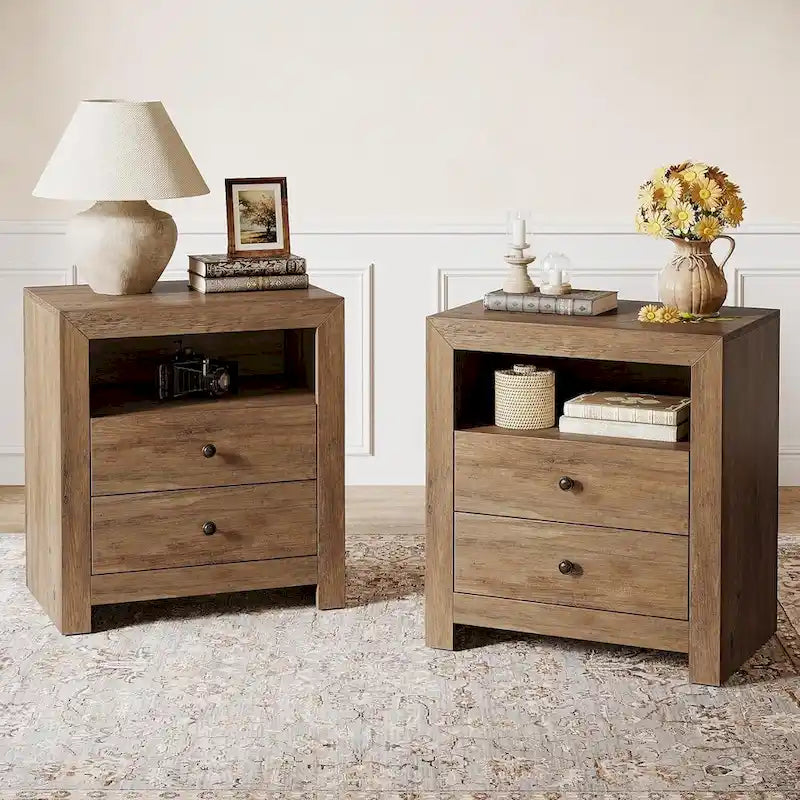 Table de chevet rustique avec 2 tiroirs de rangement