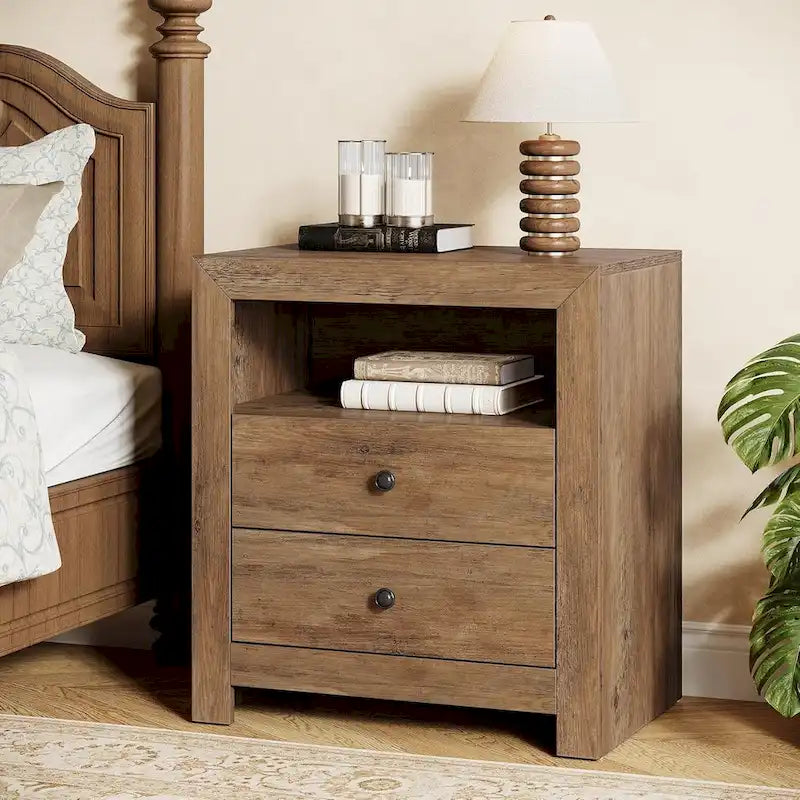 Table de chevet rustique avec 2 tiroirs de rangement