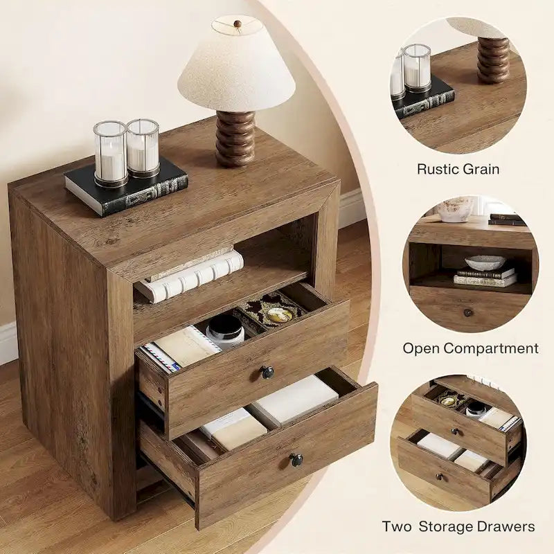 Table de chevet rustique avec 2 tiroirs de rangement