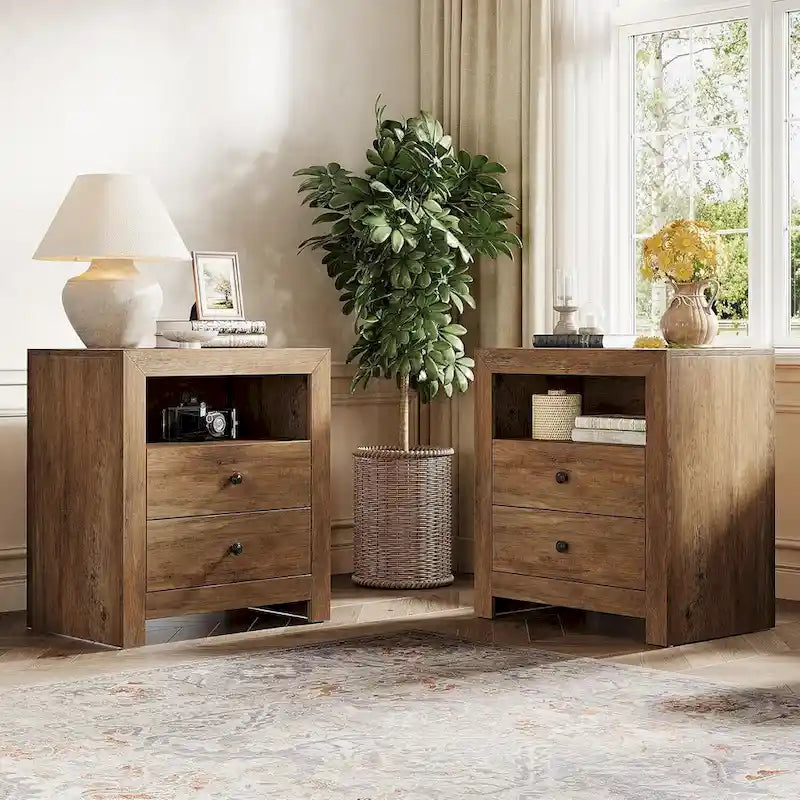 Table de chevet rustique avec 2 tiroirs de rangement