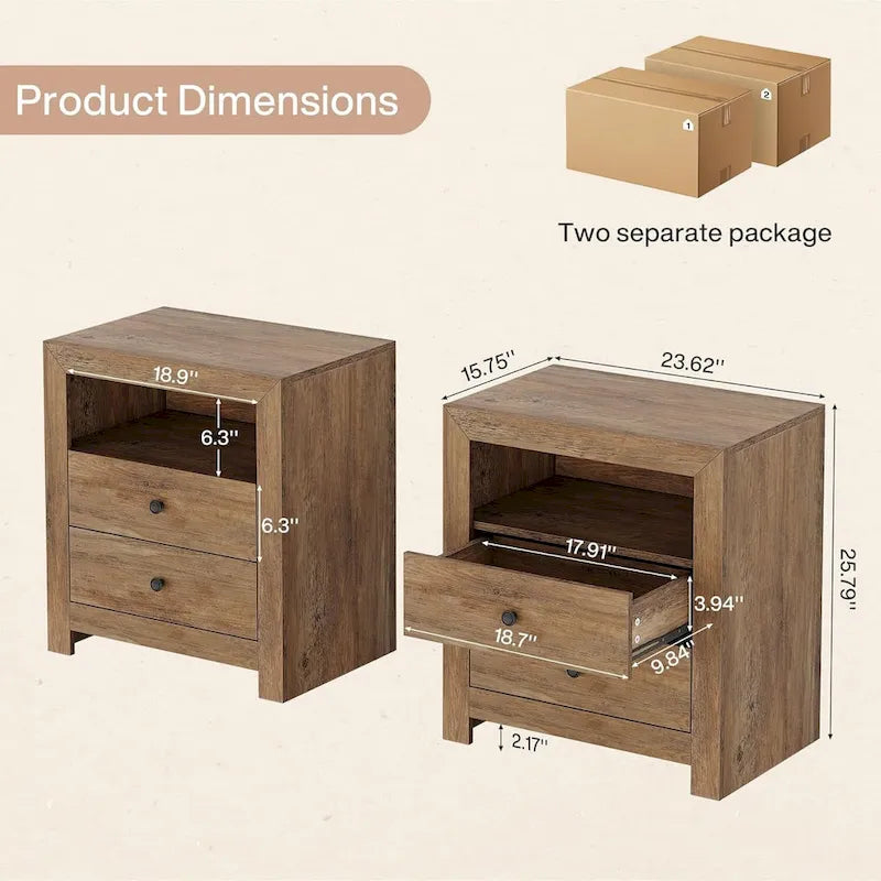 Table de chevet rustique avec 2 tiroirs de rangement