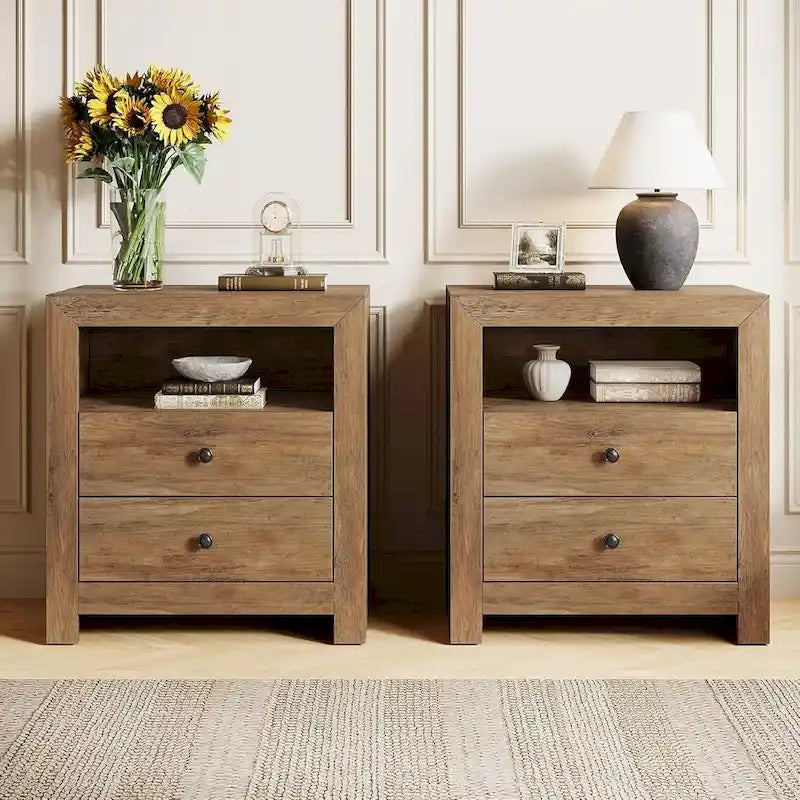 Table de chevet rustique avec 2 tiroirs de rangement