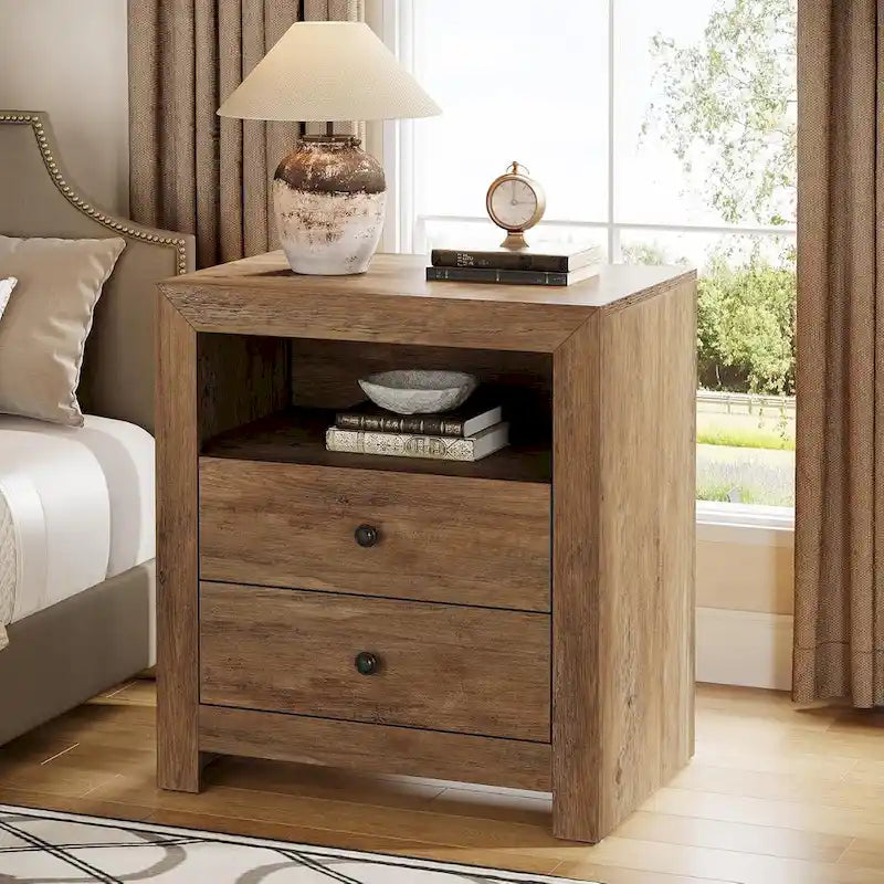 Table de chevet rustique avec 2 tiroirs de rangement