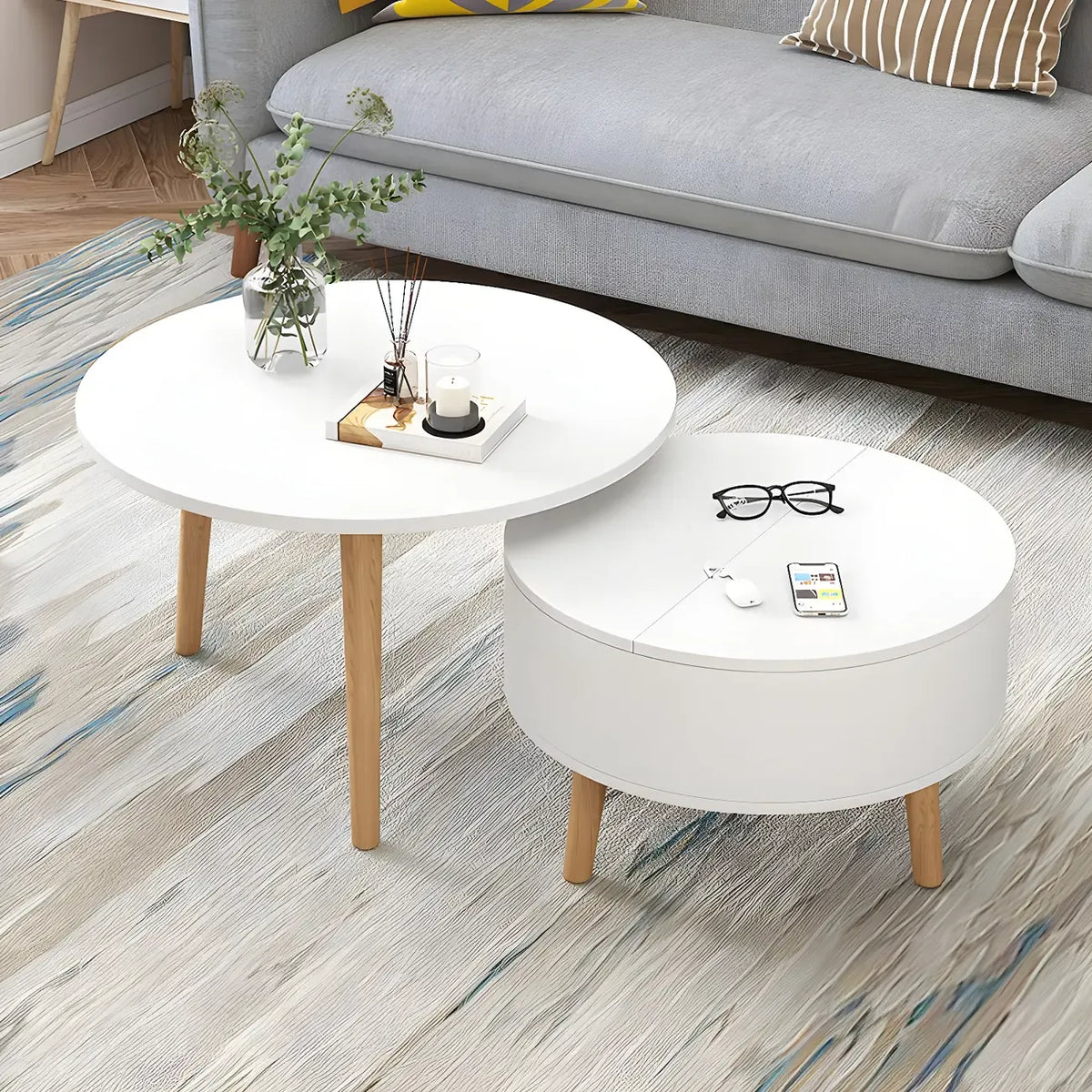 Table basse ronde moderne en bois noir et blanc avec rangement