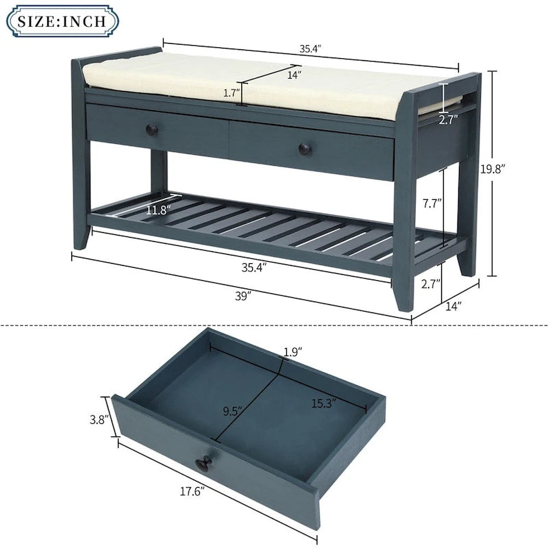 Meuble à chaussures avec assise capitonnée et tiroirs, banc de rangement multifonction pour entrée