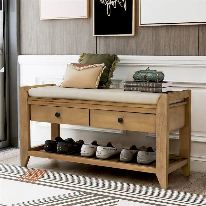 Meuble à chaussures avec assise capitonnée et tiroirs, banc de rangement multifonction pour entrée