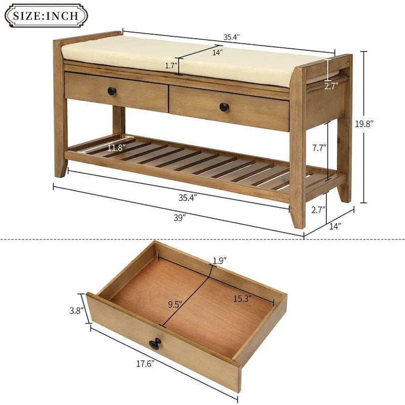 Meuble à chaussures avec assise capitonnée et tiroirs, banc de rangement multifonction pour entrée