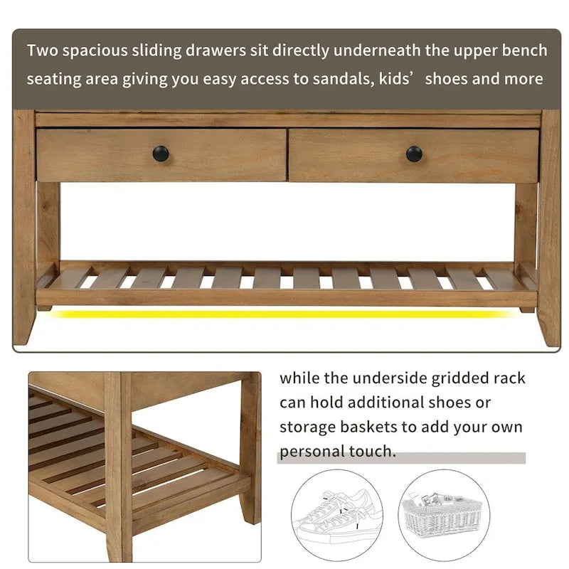 Meuble à chaussures avec assise capitonnée et tiroirs, banc de rangement multifonction pour entrée