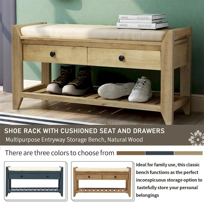 Meuble à chaussures avec assise capitonnée et tiroirs, banc de rangement multifonction pour entrée
