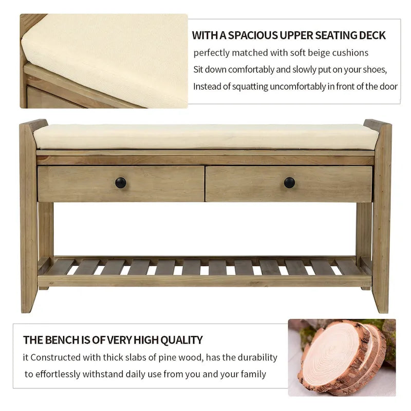 Meuble à chaussures avec assise capitonnée et tiroirs, banc de rangement multifonction pour entrée