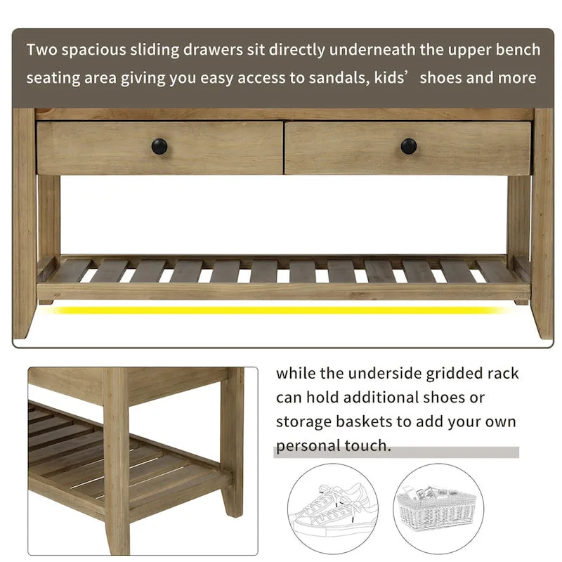 Meuble à chaussures avec assise capitonnée et tiroirs, banc de rangement multifonction pour entrée