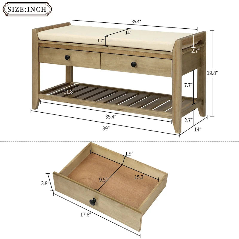 Meuble à chaussures avec assise capitonnée et tiroirs, banc de rangement multifonction pour entrée