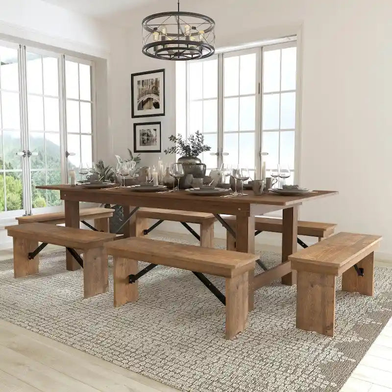 Table de ferme pliante en pin massif avec 6 bancs