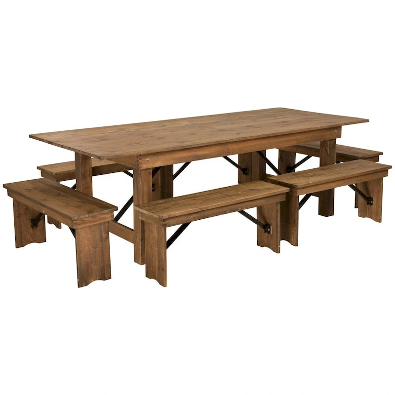 Table de ferme pliante en pin massif avec 6 bancs