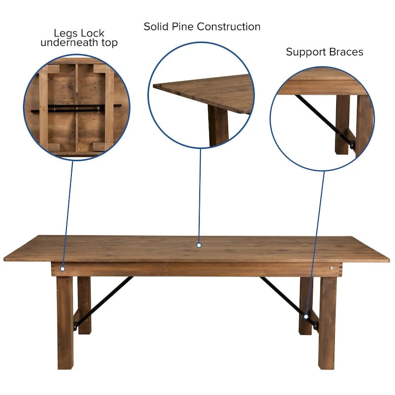 Table de ferme pliante en pin massif avec 6 bancs